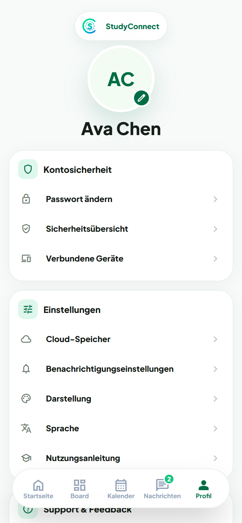 StudyConnect: Profil & Einstellungen